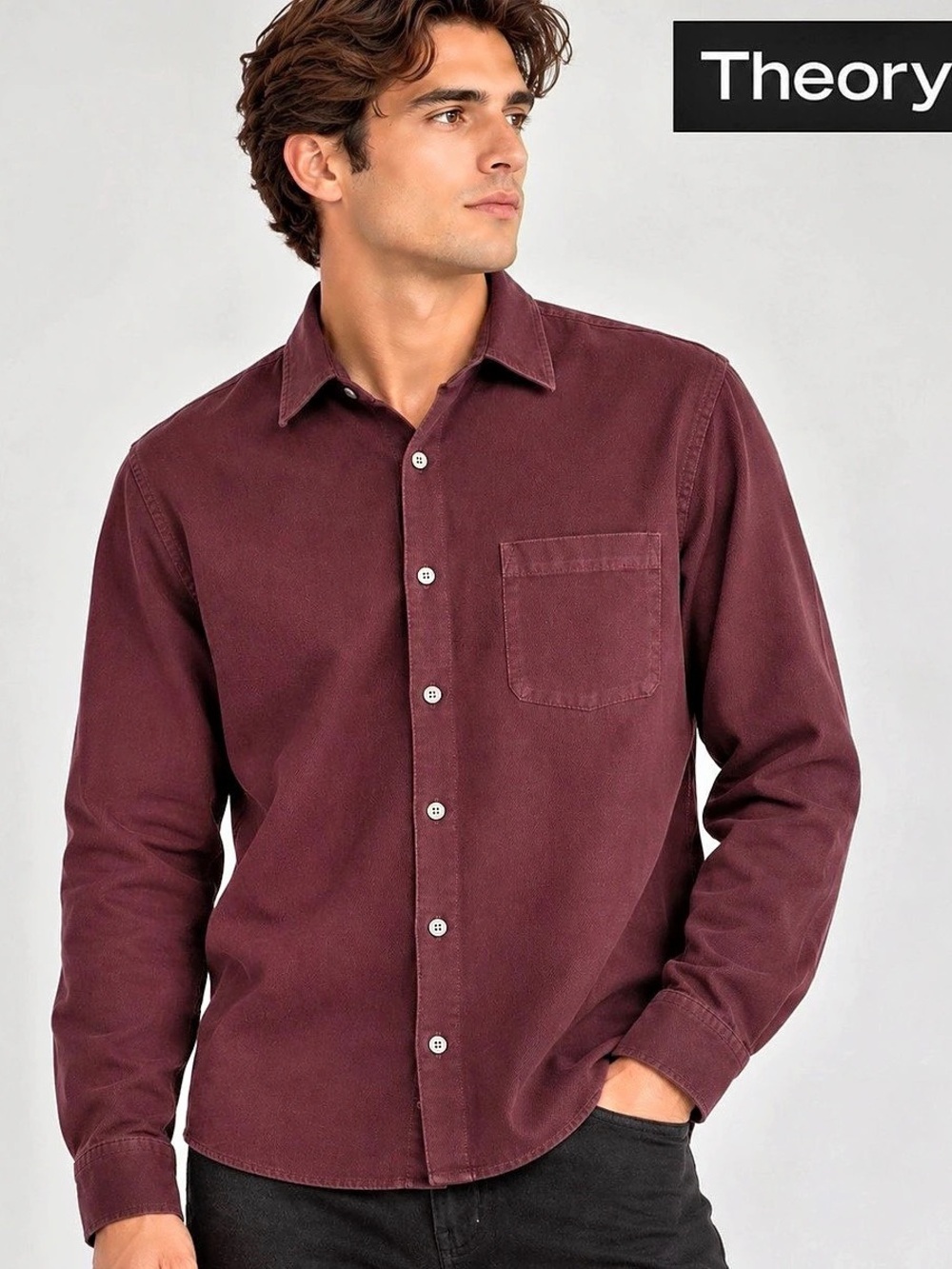 Theory Rammy Soft Twill Shirt Men’s L Burgundy 100% Cotton Button Down